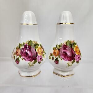 Royal Albert Old Country Rose Salt and Pepper Shakers Gold Trim w/Stoppers